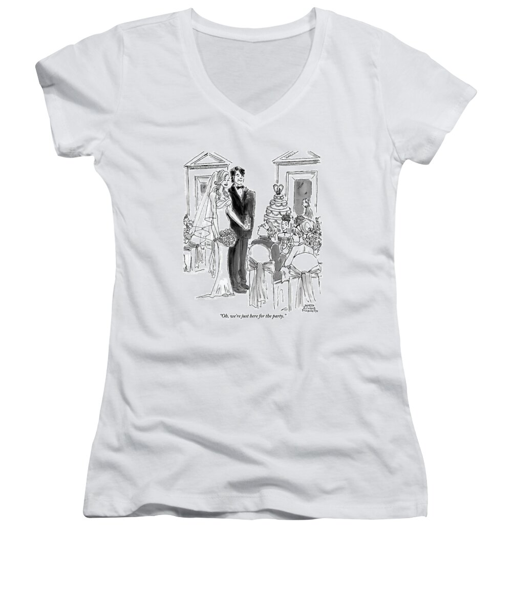 Marriages Women's V-Neck featuring the drawing A Bride And Groom To The Guests At Their Wedding by Marisa Acocella Marchetto