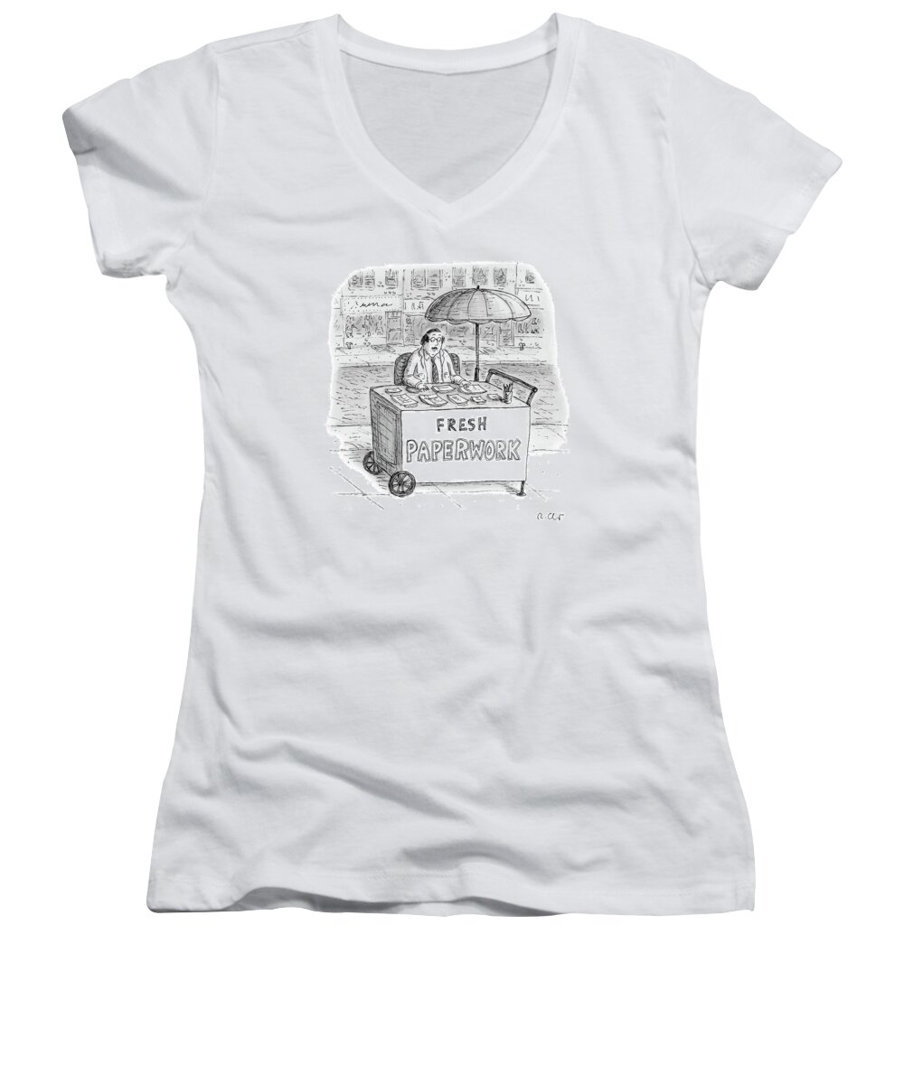 Hot Women's V-Neck featuring the drawing A Businessman Sits Behind A Food Cart/desk by Roz Chast