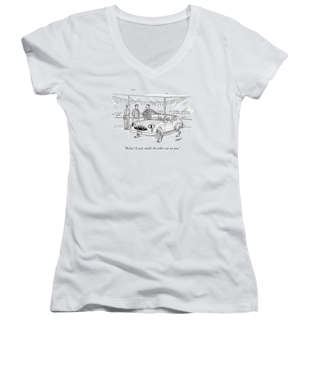 Cctk Car Salesman Women's V-Neck featuring the drawing A Car Salesman Shows A Couple A Car Monster by Tom Cheney