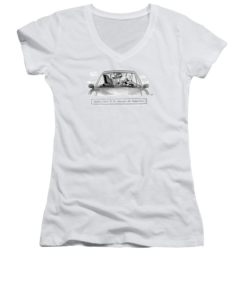 Captionless Grim Reaper Women's V-Neck featuring the drawing A Car With The Grim Reaper by Bob Eckstein
