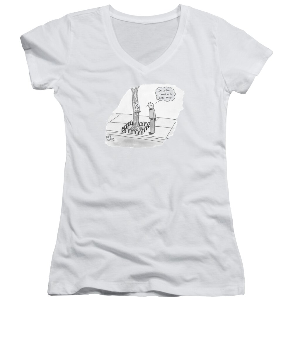 Cats Women's V-Neck featuring the drawing A Cat Walking Upright And Wearing Clothes Looks by Amy Hwang