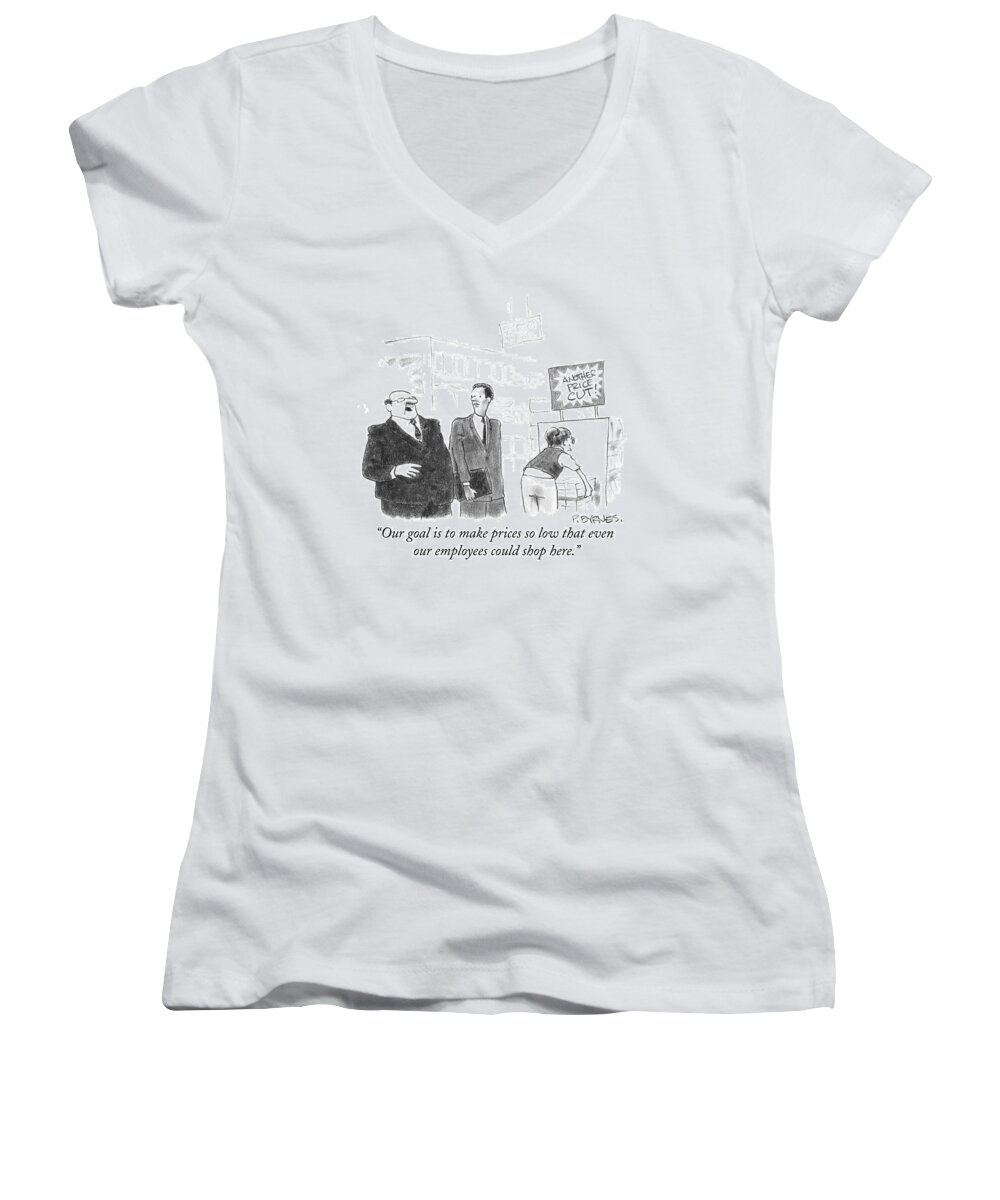 Economy Women's V-Neck featuring the drawing A Ceo Is Seen In A Store Addressing Another by Pat Byrnes