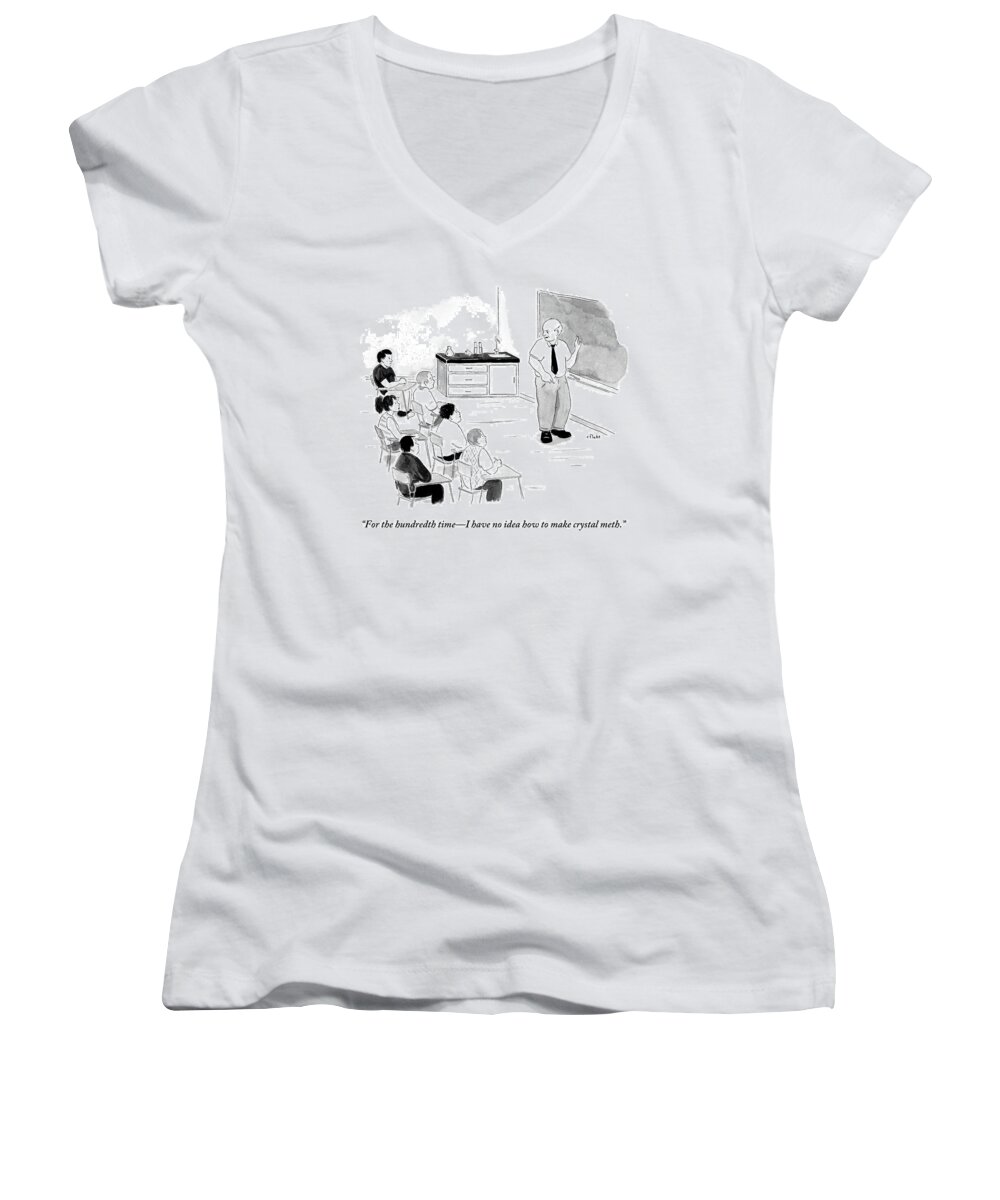 Teacher Women's V-Neck featuring the drawing A Chemistry Teacher Addresses His Students by Emily Flake