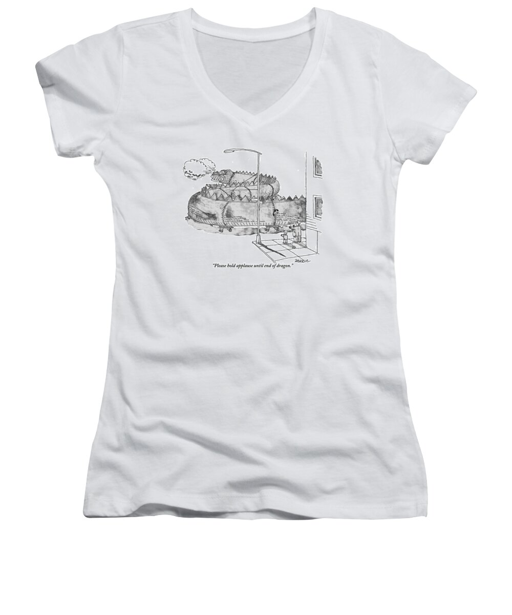 Dragons Women's V-Neck featuring the drawing A Child And An Adult Man Clap Their Hands by Jack Ziegler