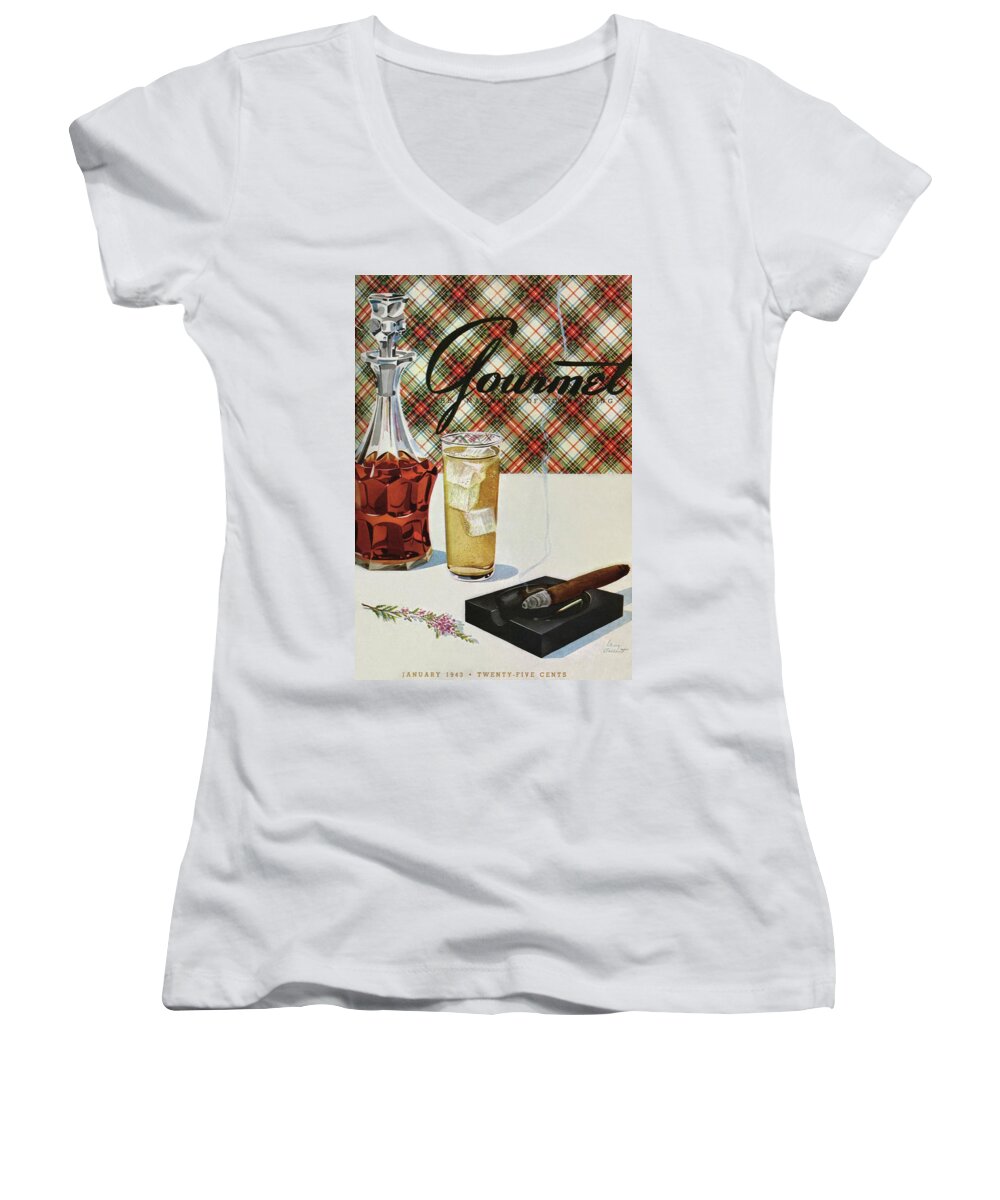 Illustration Women's V-Neck featuring the photograph A Cigar In An Ashtray Beside A Drink And Decanter by Henry Stahlhut