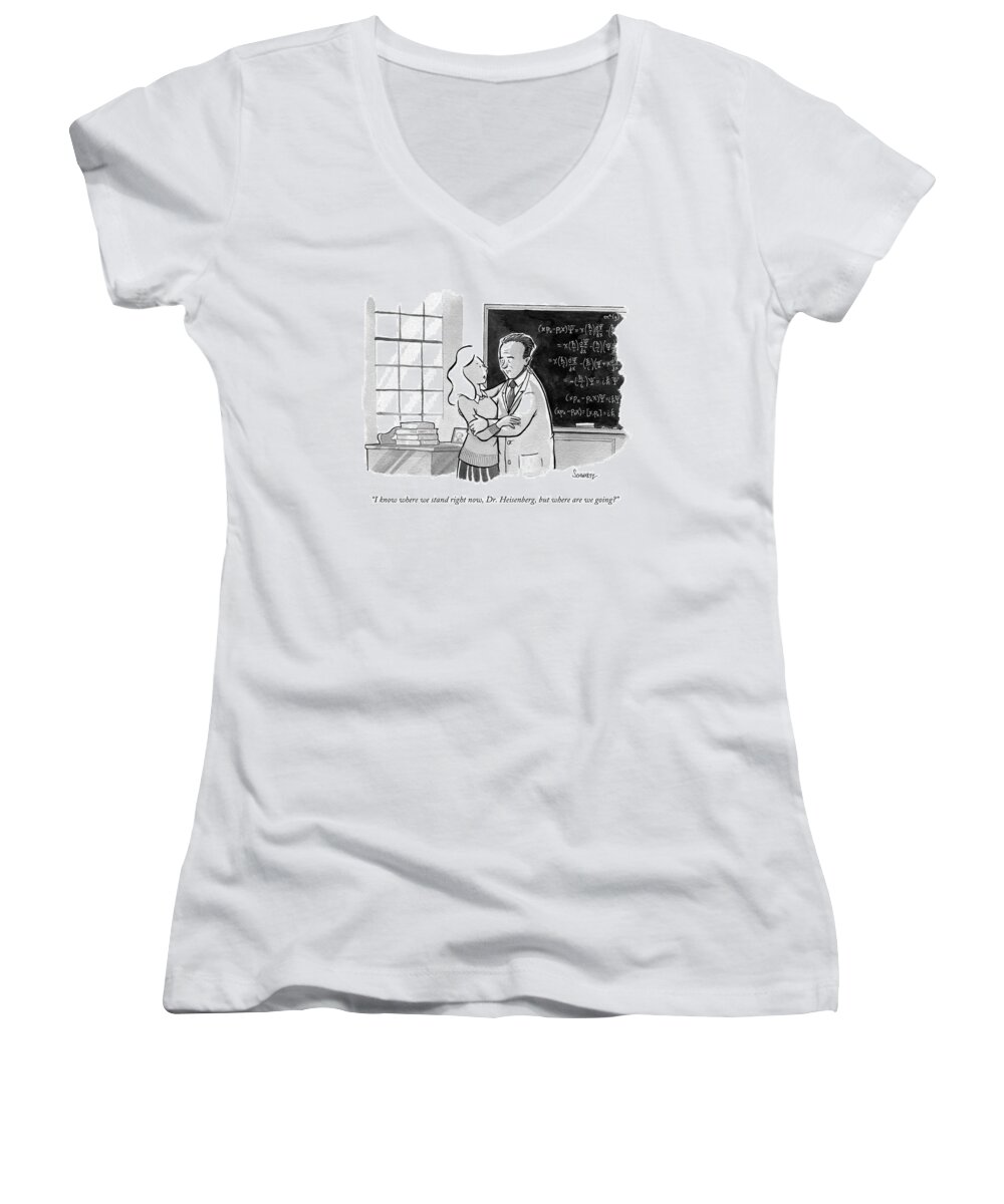 Uncertainty Principle Women's V-Neck featuring the drawing A Concerned Woman Embraces Dr. Heisenberg by Benjamin Schwartz