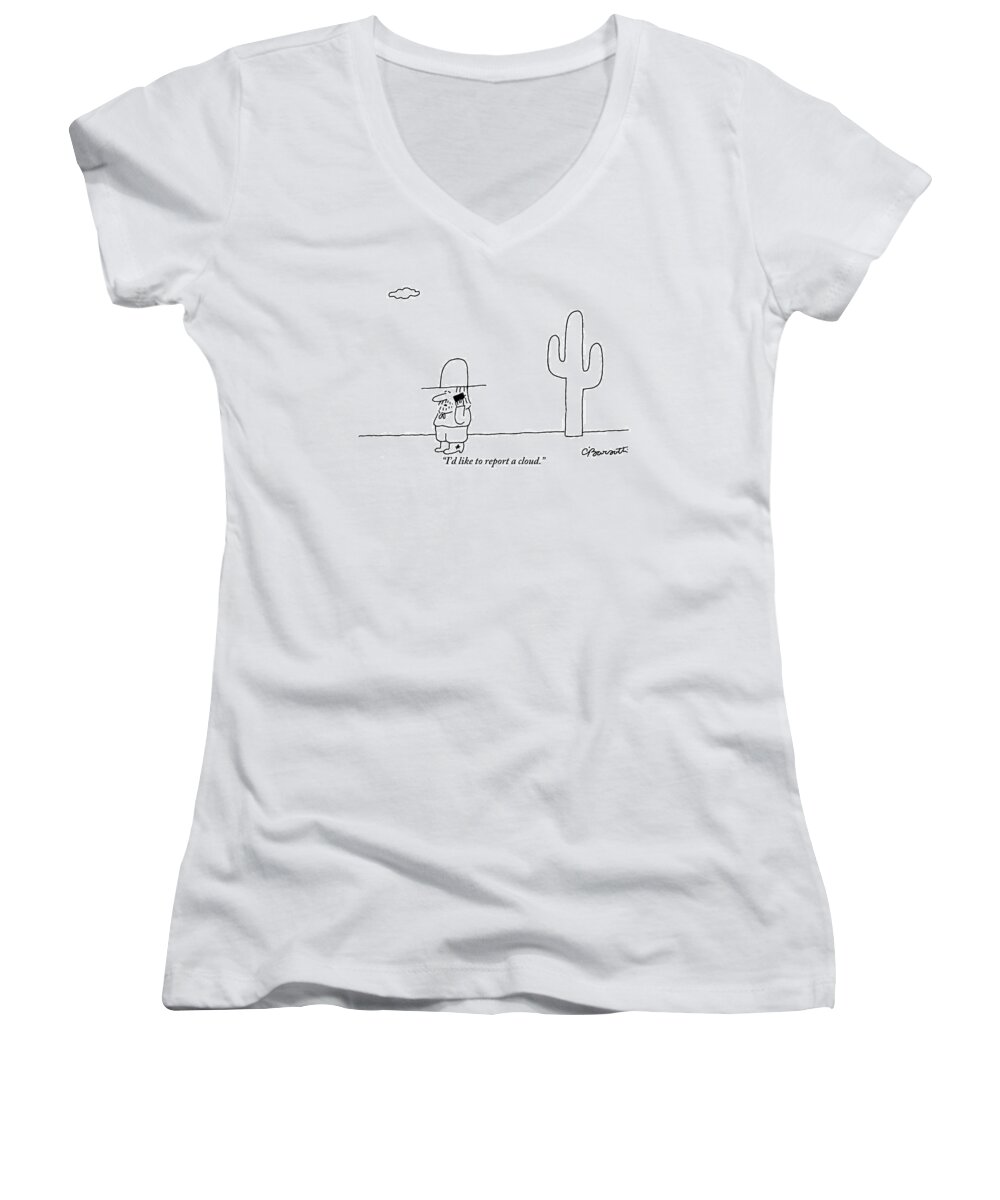Cowboys Women's V-Neck featuring the drawing A Cowboy Talks On A Cell Phone In A Desert by Charles Barsotti