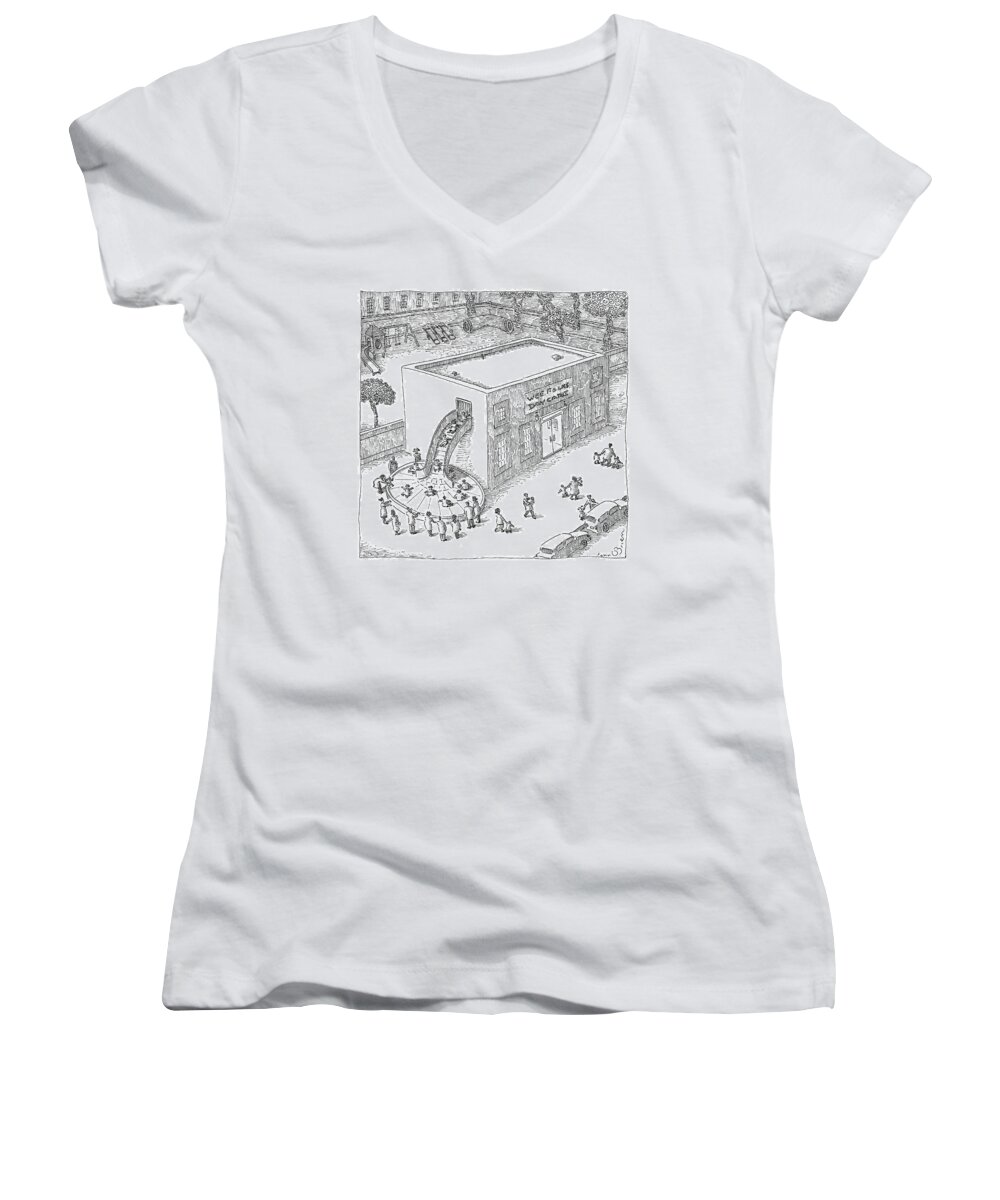 Wee Folks Daycare Women's V-Neck featuring the drawing A Day Care Is Seen With Children Riding by John O'Brien