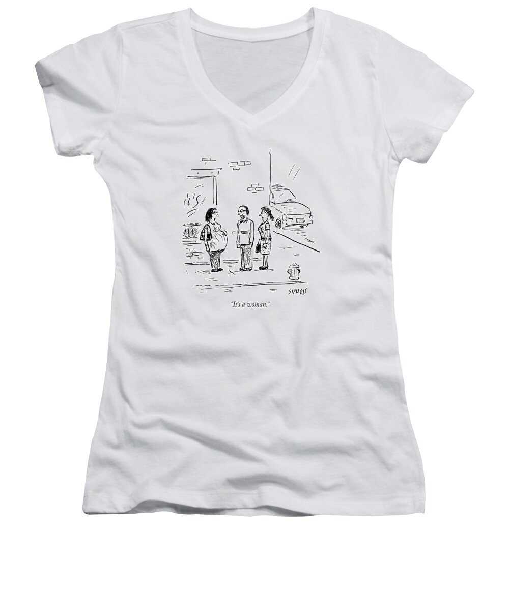 #condenastnewyorkercartoon Women's V-Neck featuring the drawing It's A Woman by David Sipress