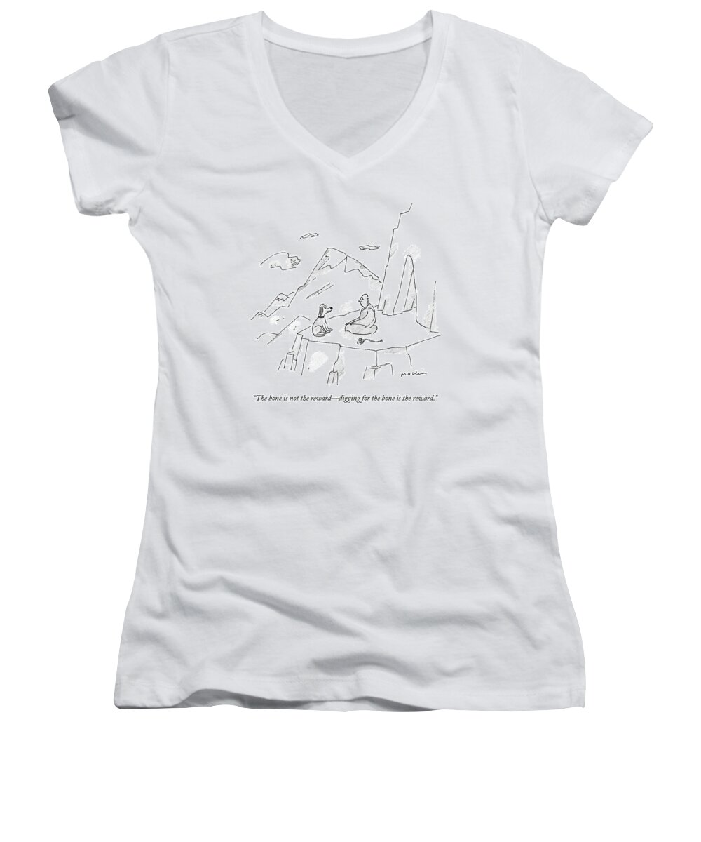 Dogs Women's V-Neck featuring the drawing A Dog Speaks To A Guru On Top Of A Mountain by Michael Maslin
