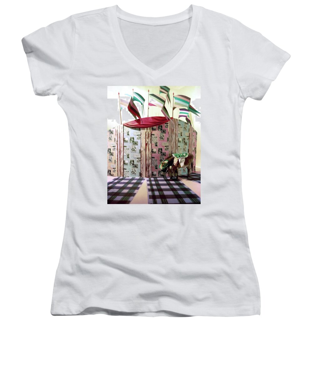 Textiles Women's V-Neck featuring the photograph A Donkey Standing By A Small Wooden Wall by Constantin Joffe