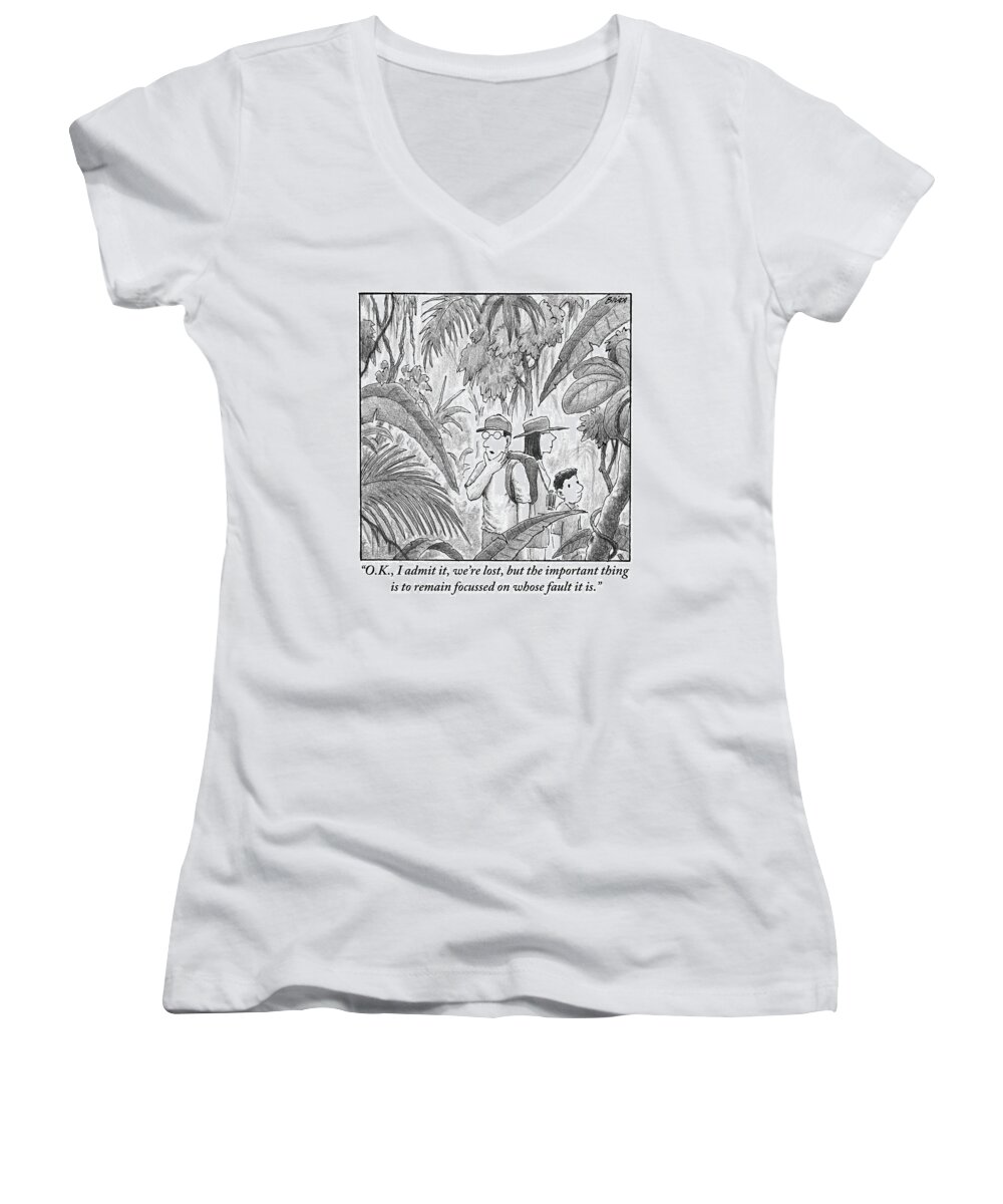 Lost Women's V-Neck featuring the drawing A Family Is Lost In The Depths Of A Jungle by Harry Bliss