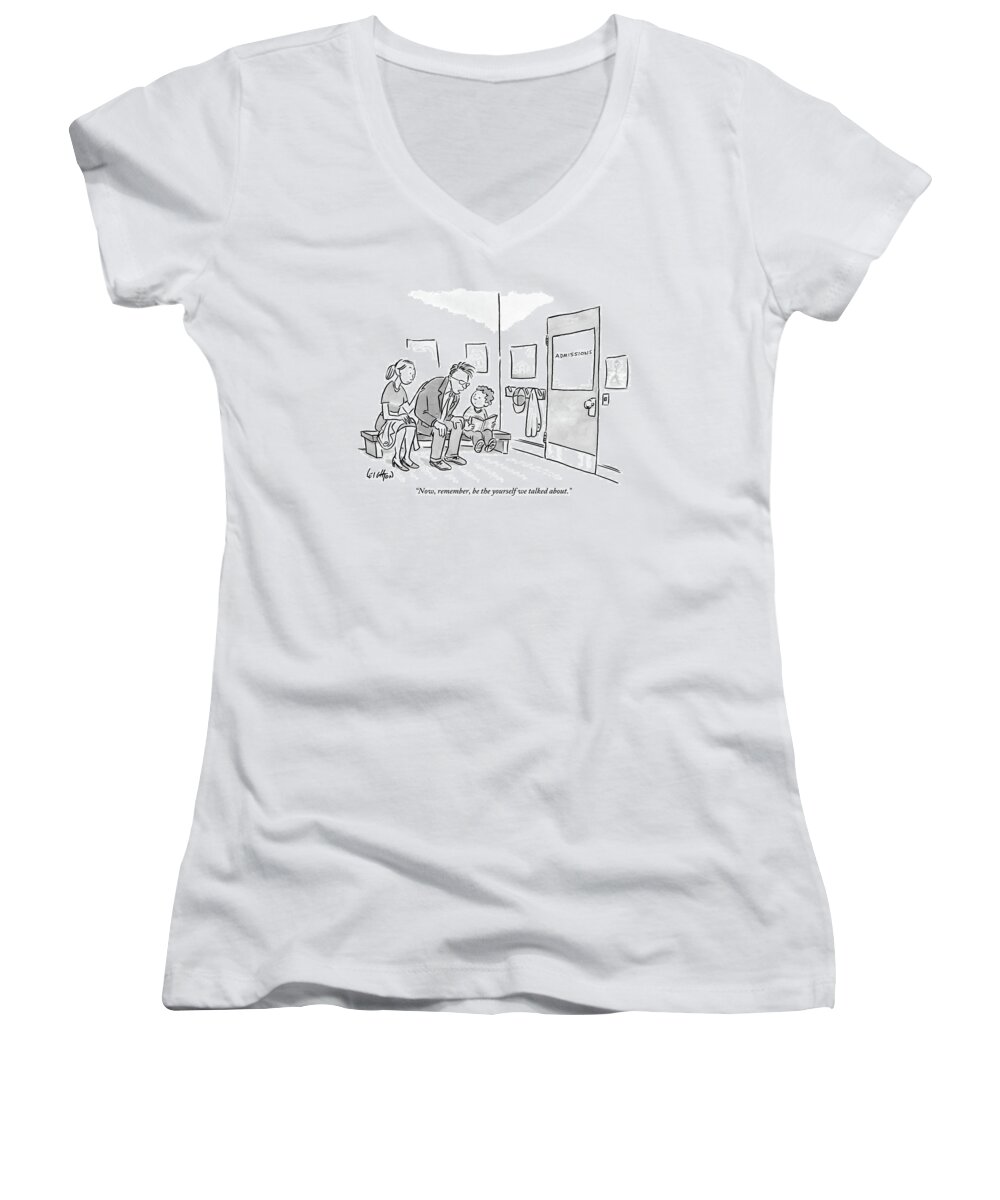 Admissions Women's V-Neck featuring the drawing A Father Leans In To Give Advice To His Son by Robert Leighton