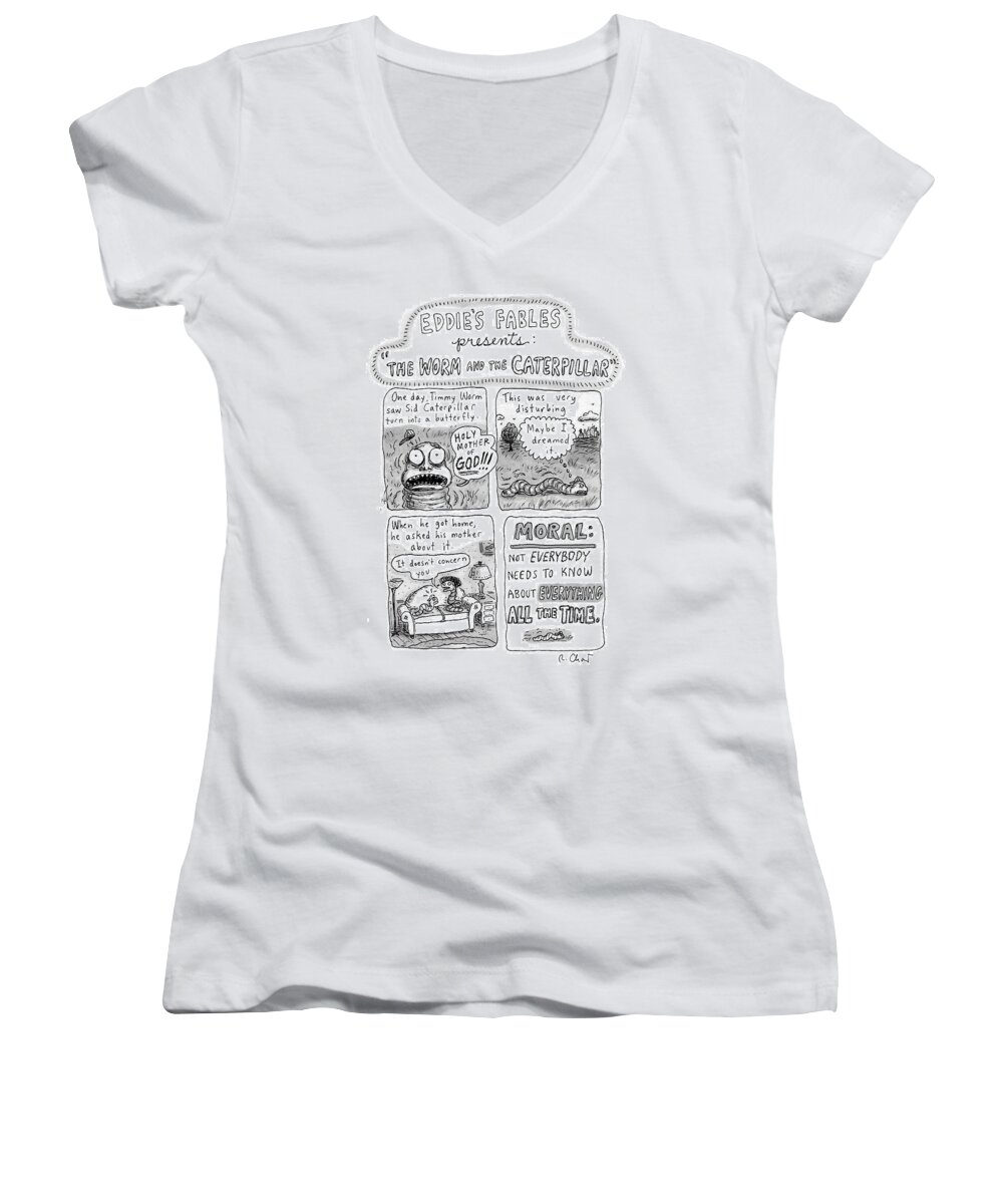 Caterpillars Women's V-Neck featuring the drawing A Four-panel Cartoon Detailing The Trauma by Roz Chast