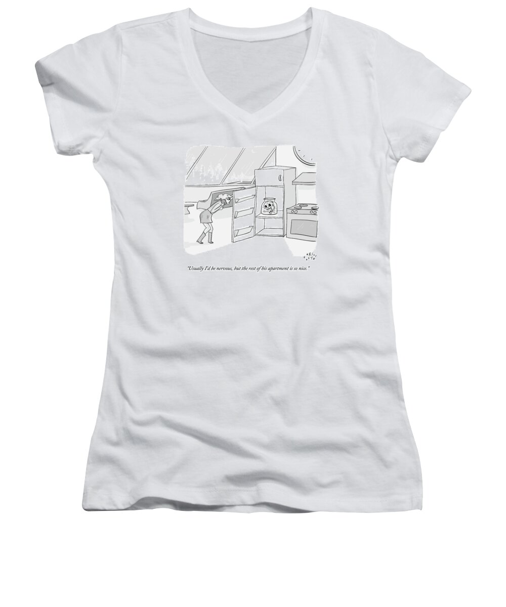 Date Women's V-Neck featuring the drawing A Girl Who Is Talking On The Phone Opens A Fridge by Farley Katz