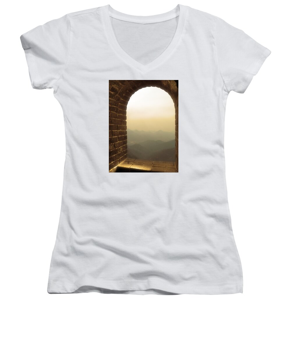 Great Wall Of China Women's V-Neck featuring the photograph A Great View of China by Nicola Nobile