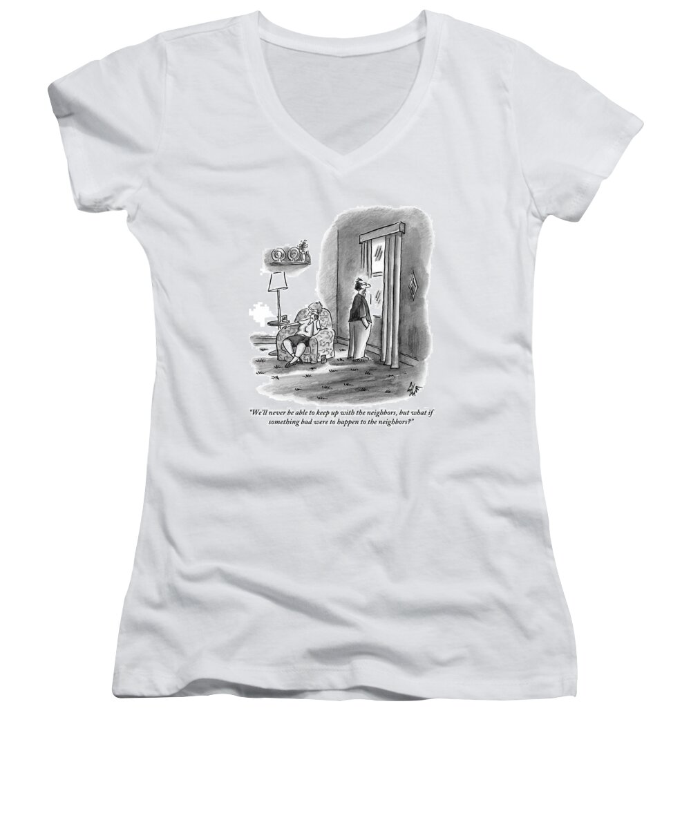 Keep Up Women's V-Neck featuring the drawing A Grouchy Husband Looks Out Of The Window by Frank Cotham