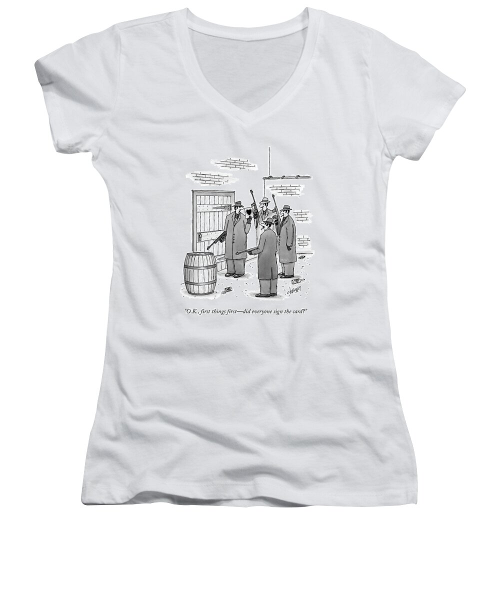 Holiday Women's V-Neck featuring the drawing A Group Of Gangsters Stand With Machine Guns by Tom Cheney