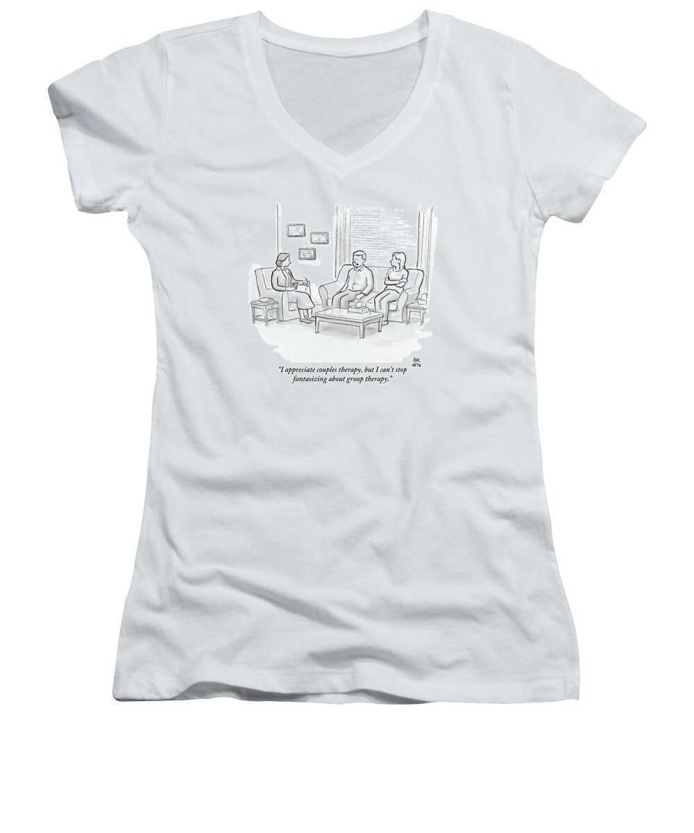 Fantasy Women's V-Neck featuring the drawing A Husband Talks To His Therapist by Paul Noth