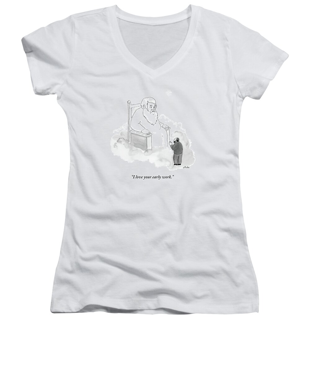 Heaven Women's V-Neck featuring the drawing A Jew Talks To God On His Throne In Heaven by Emily Flake