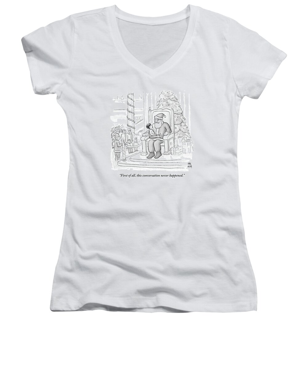 Santa Women's V-Neck featuring the drawing A Jewish Boy Wearing A Yarmulke Sits Atop by Paul Noth