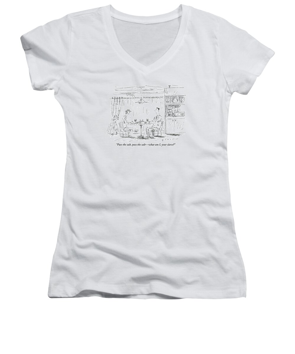 Couples Women's V-Neck featuring the drawing A Man And Woman Sit At A Kitchen Table Together by Barbara Smaller