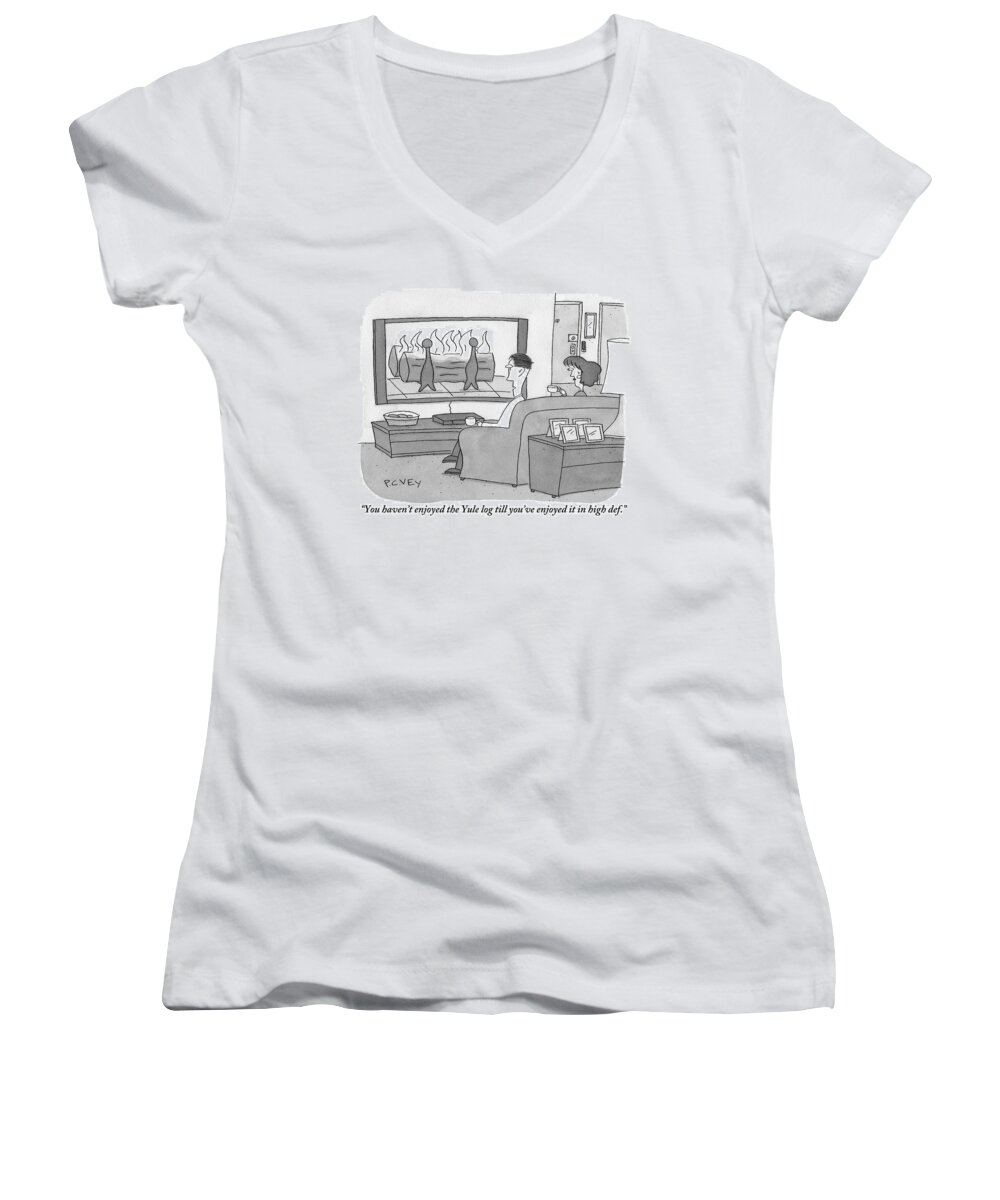 Tv Women's V-Neck featuring the drawing A Man And Woman Sit On A Couch Facing An by Peter C. Vey