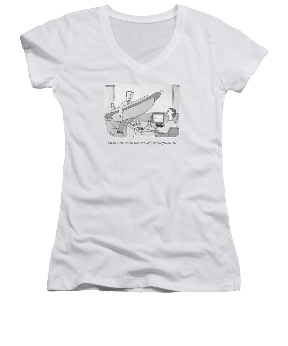 Hot Dog Women's V-Neck featuring the drawing A Man Carrying A Giant Hot Dog Speaks To Another by Peter C. Vey
