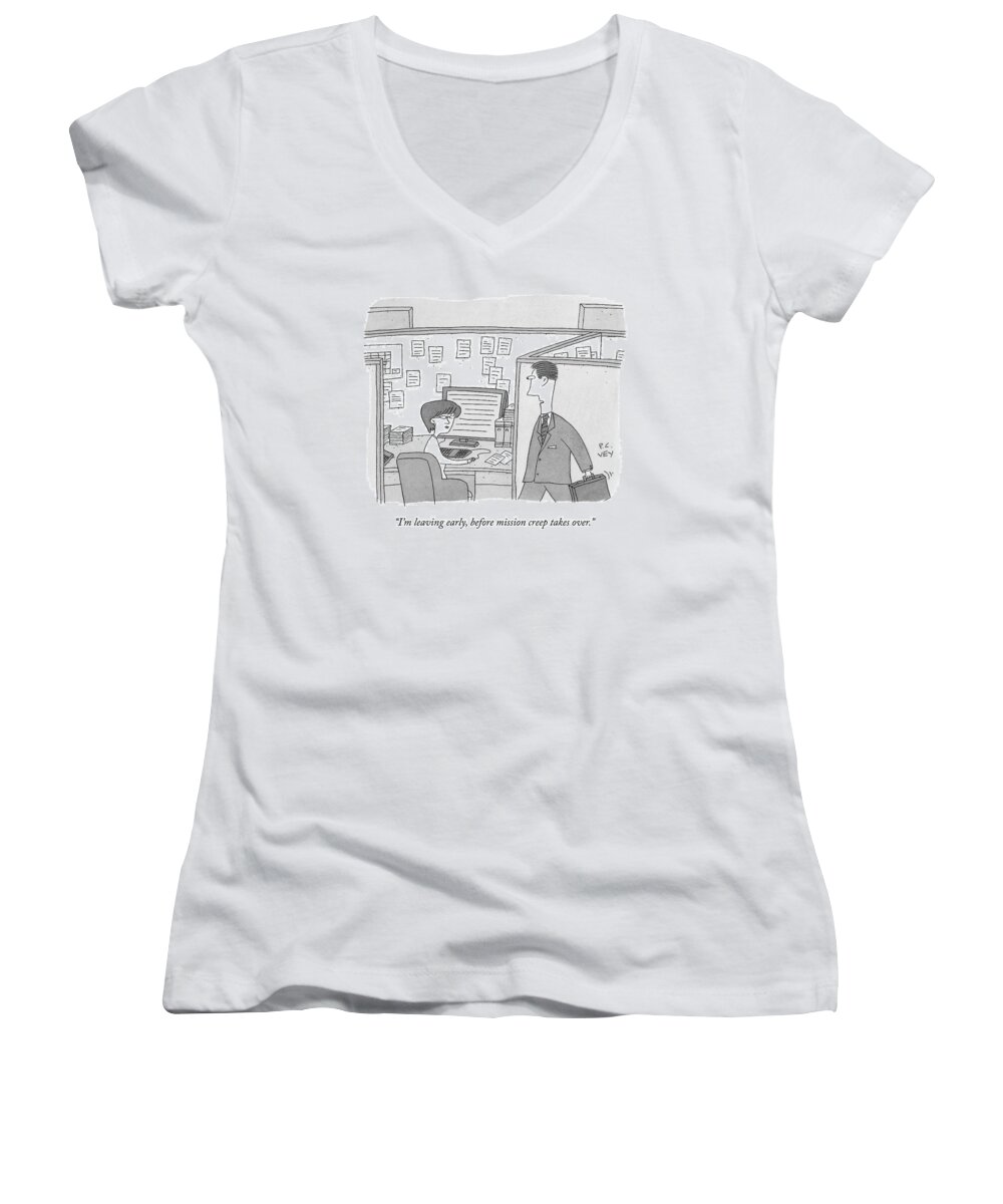 Mission Creep Women's V-Neck featuring the drawing A Man In An Office Walks Past And Speaks by Peter C. Vey