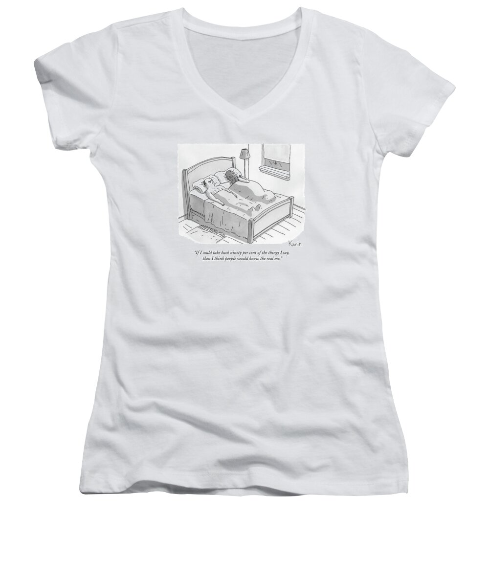 Mid-life Crisis Women's V-Neck featuring the drawing A Man In Bed With His Sleeping Wife by Zachary Kanin