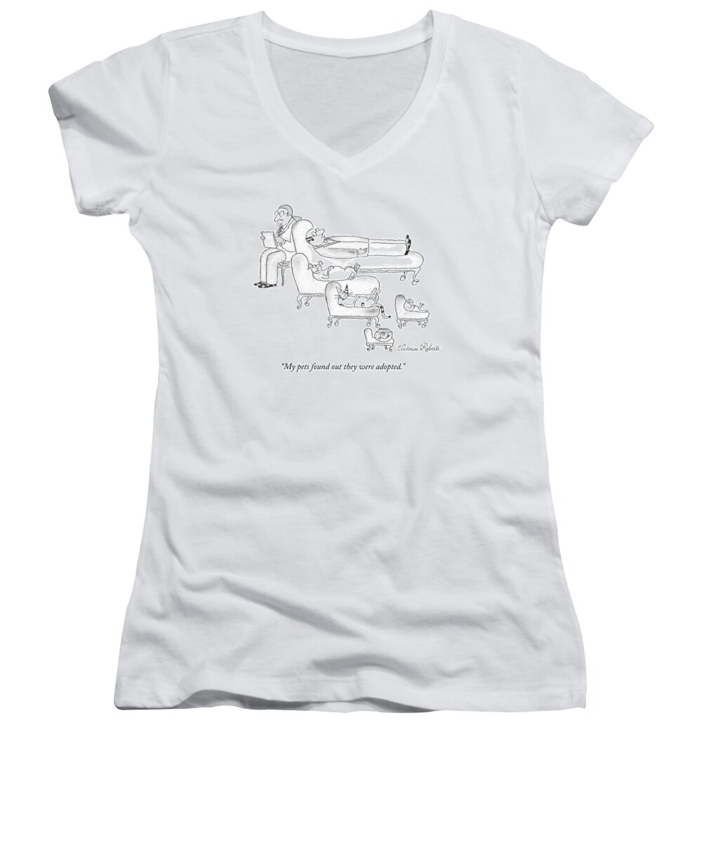 Cctk Therapy Women's V-Neck featuring the drawing A Man On The Therapist's Couch Speaks by Victoria Roberts