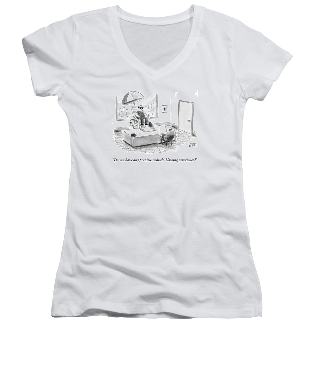 Lifeguards Women's V-Neck featuring the drawing A Man Sits In A Tall Lifeguard Chair by Christopher Weyant