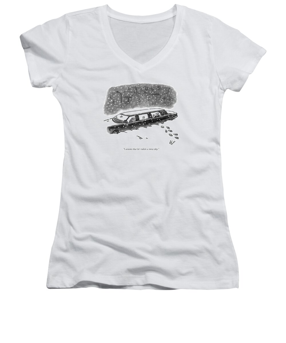 Limo Women's V-Neck featuring the drawing A Man Sits In The Backseat Of A Driverless by Frank Cotham