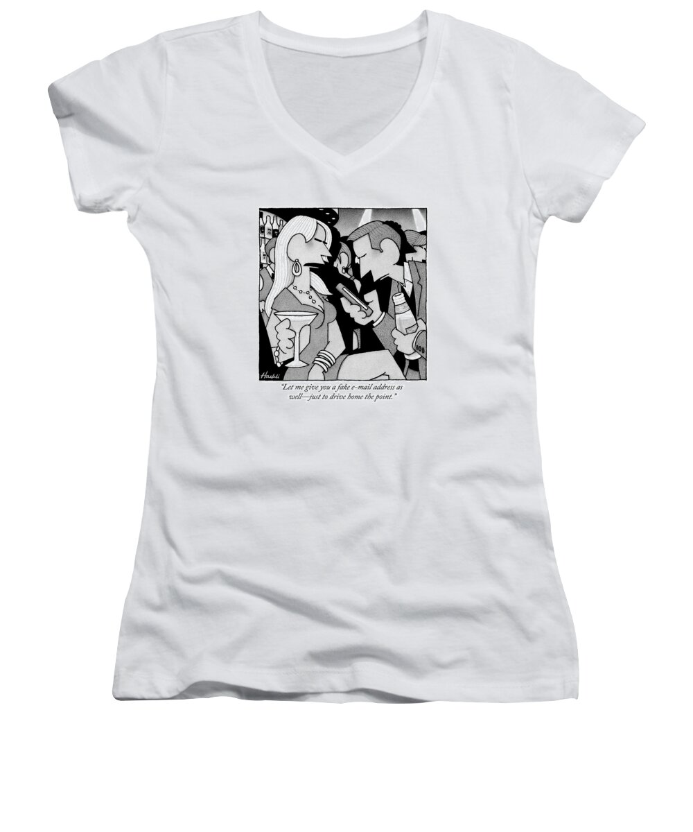 Phone Number Women's V-Neck featuring the drawing A Man Takes Down A Woman's Phone Number At A Bar by William Haefeli