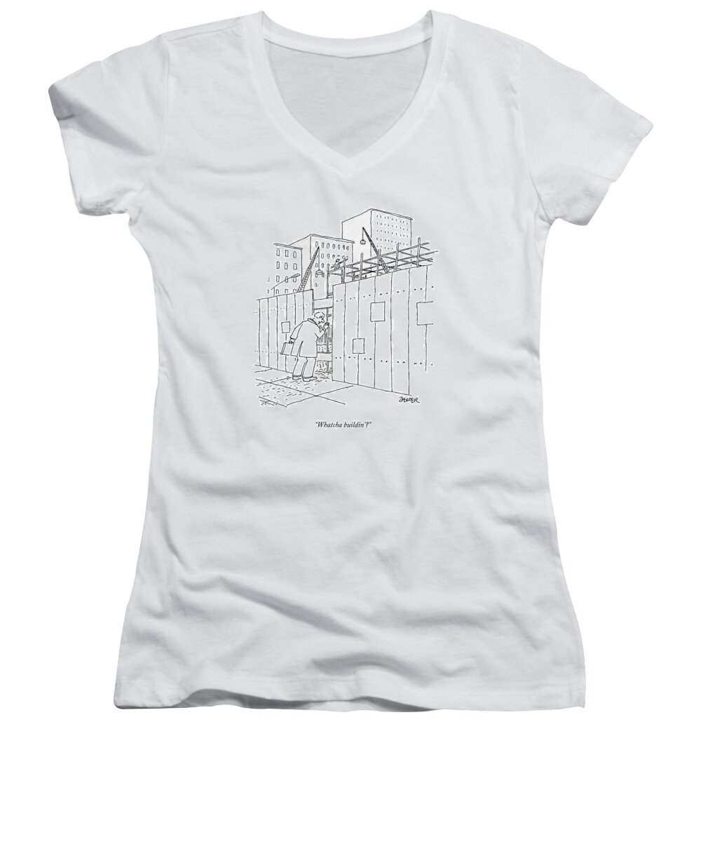 Construction Women's V-Neck featuring the drawing A Man With A Briefcase Looks Downwards by Jack Ziegler