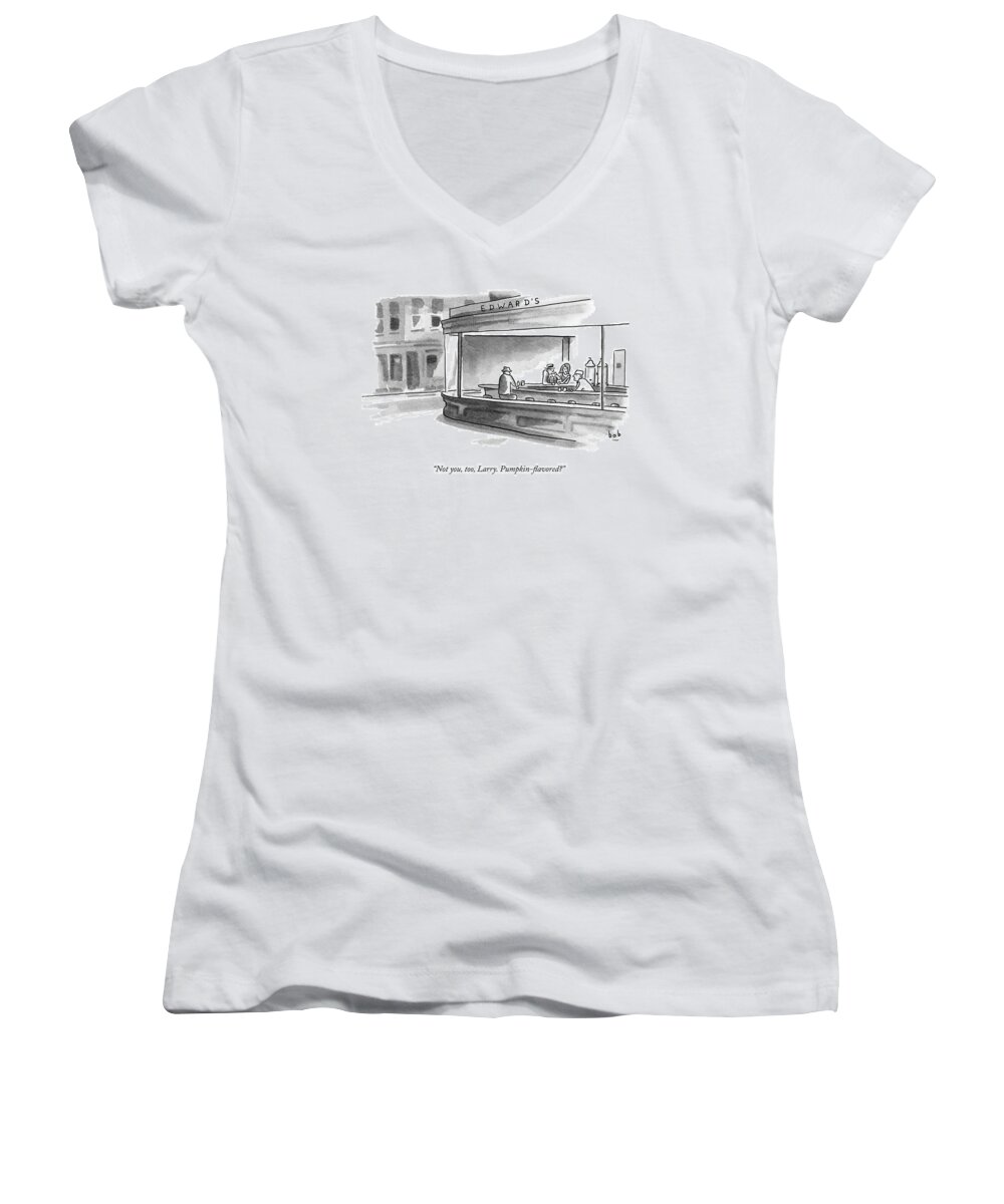 Coffee Women's V-Neck featuring the drawing A Parody Of Edward Hopper's Painting Nighthawks by Bob Eckstein