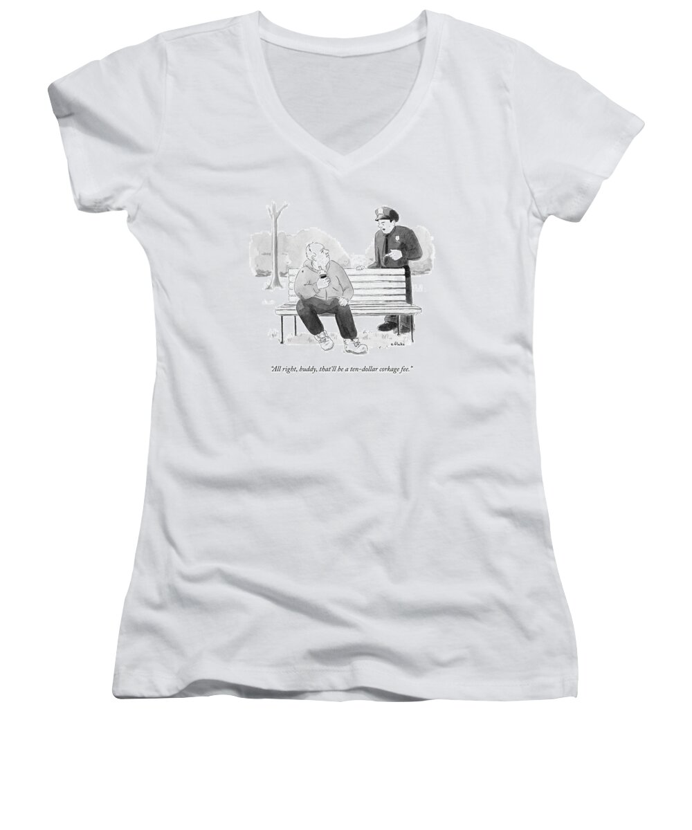 Wino Women's V-Neck featuring the drawing A Police Officer Confronts A Man Drinking by Emily Flake