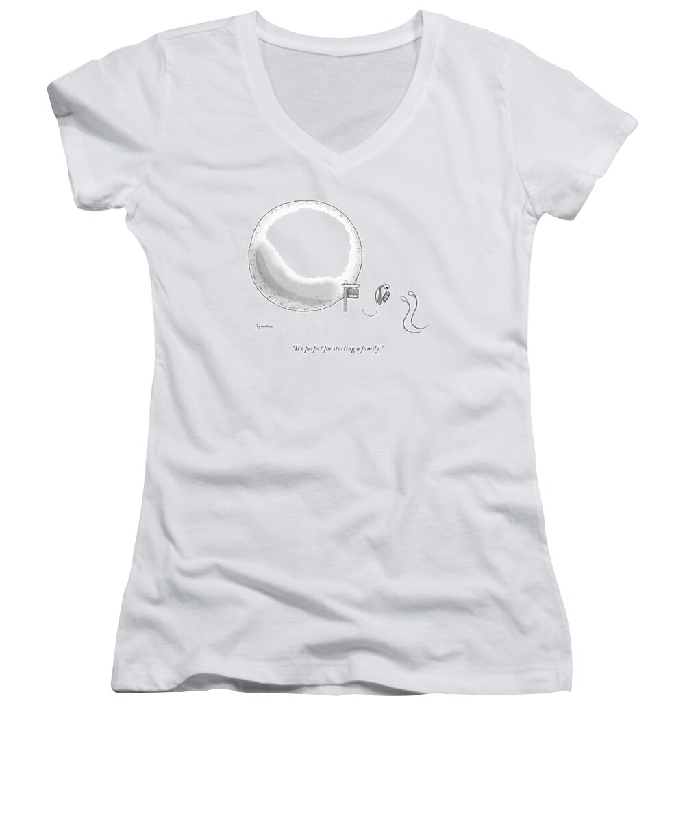 Real Estate Women's V-Neck featuring the drawing A Real-estate Sperm Selling A House Egg To Two by Charlie Hankin