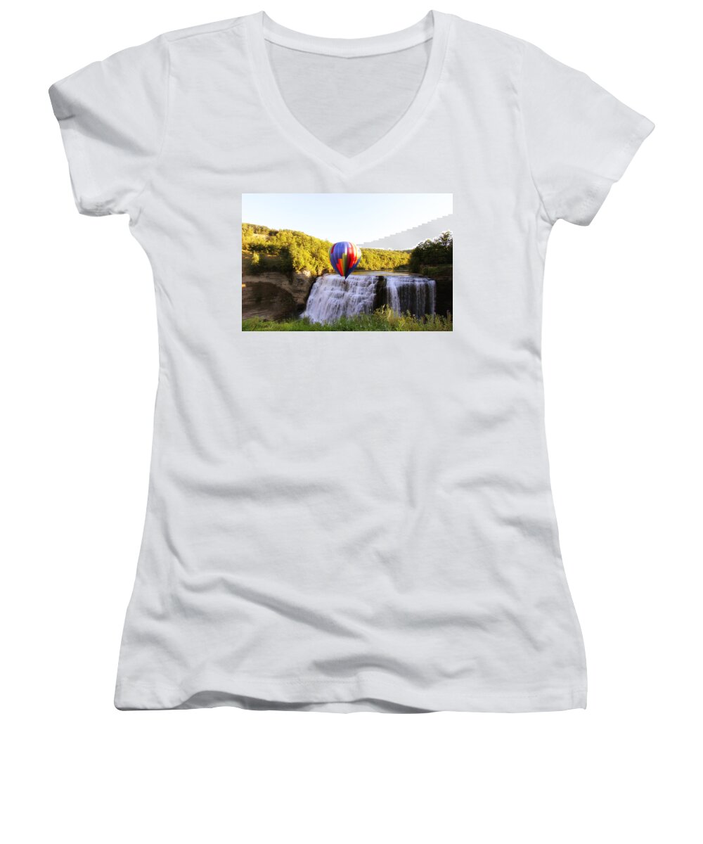 Hot Air Balloon Women's V-Neck featuring the photograph A Ride Over the Falls by Trina Ansel