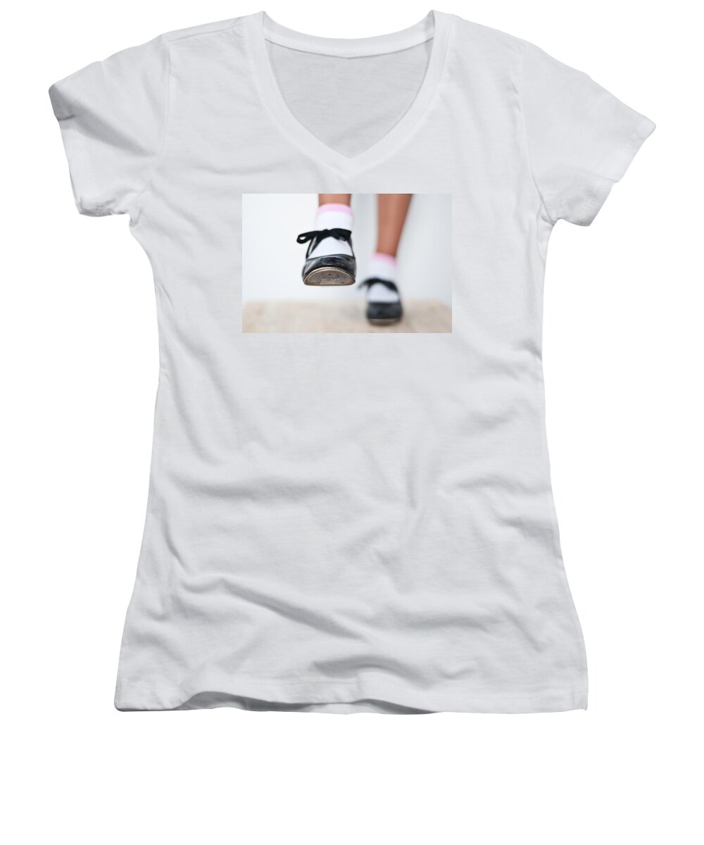 Black Women's V-Neck featuring the photograph Old Tap dance shoes from dance academy - A step forward tap dance by Pedro Cardona Llambias