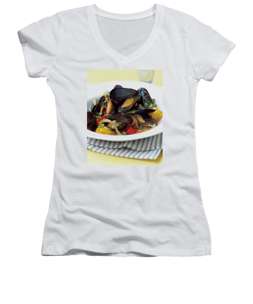 Cooking Women's V-Neck featuring the photograph A Thai Dish Of Mussels And Papaya by Romulo Yanes
