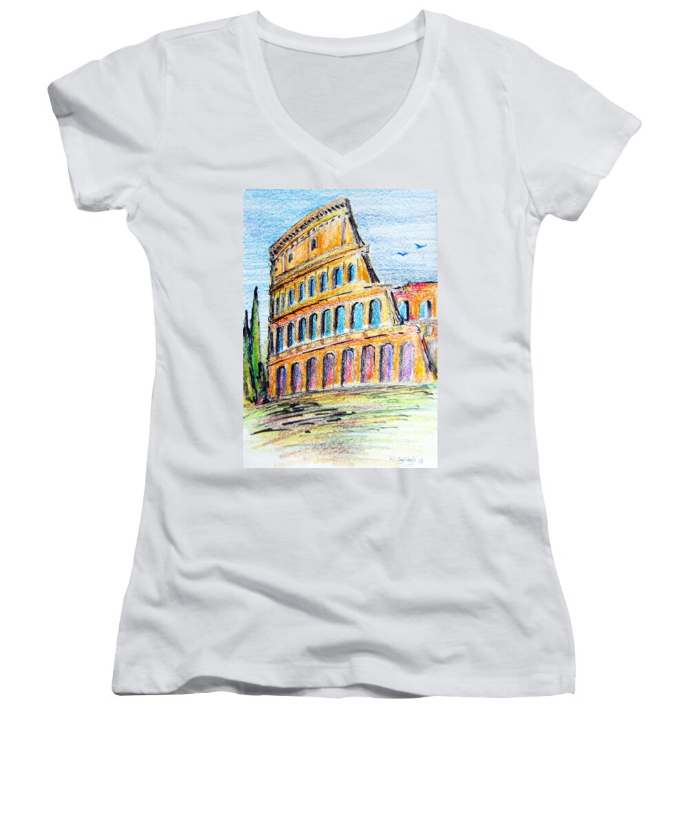 Roma Women's V-Neck featuring the painting A view of the Colosseo in Rome by Roberto Gagliardi
