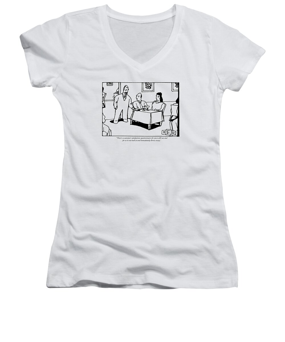 Waiters Women's V-Neck featuring the drawing A Waiter Speaks To A Couple At A Restaurant Table by Bruce Eric Kaplan