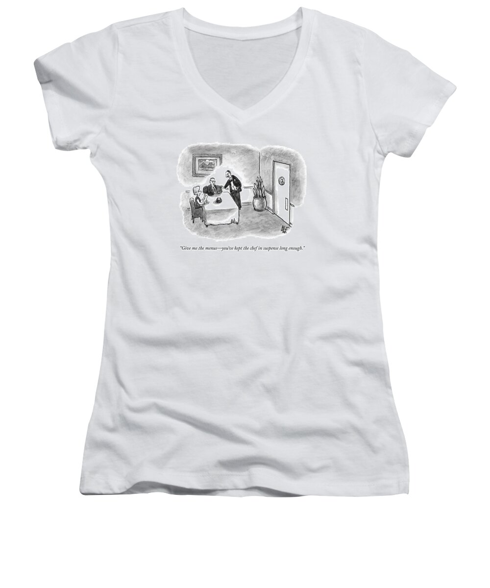 Kitchen Women's V-Neck featuring the drawing A Waiter Takes The Menu Out Of The Hands by Frank Cotham