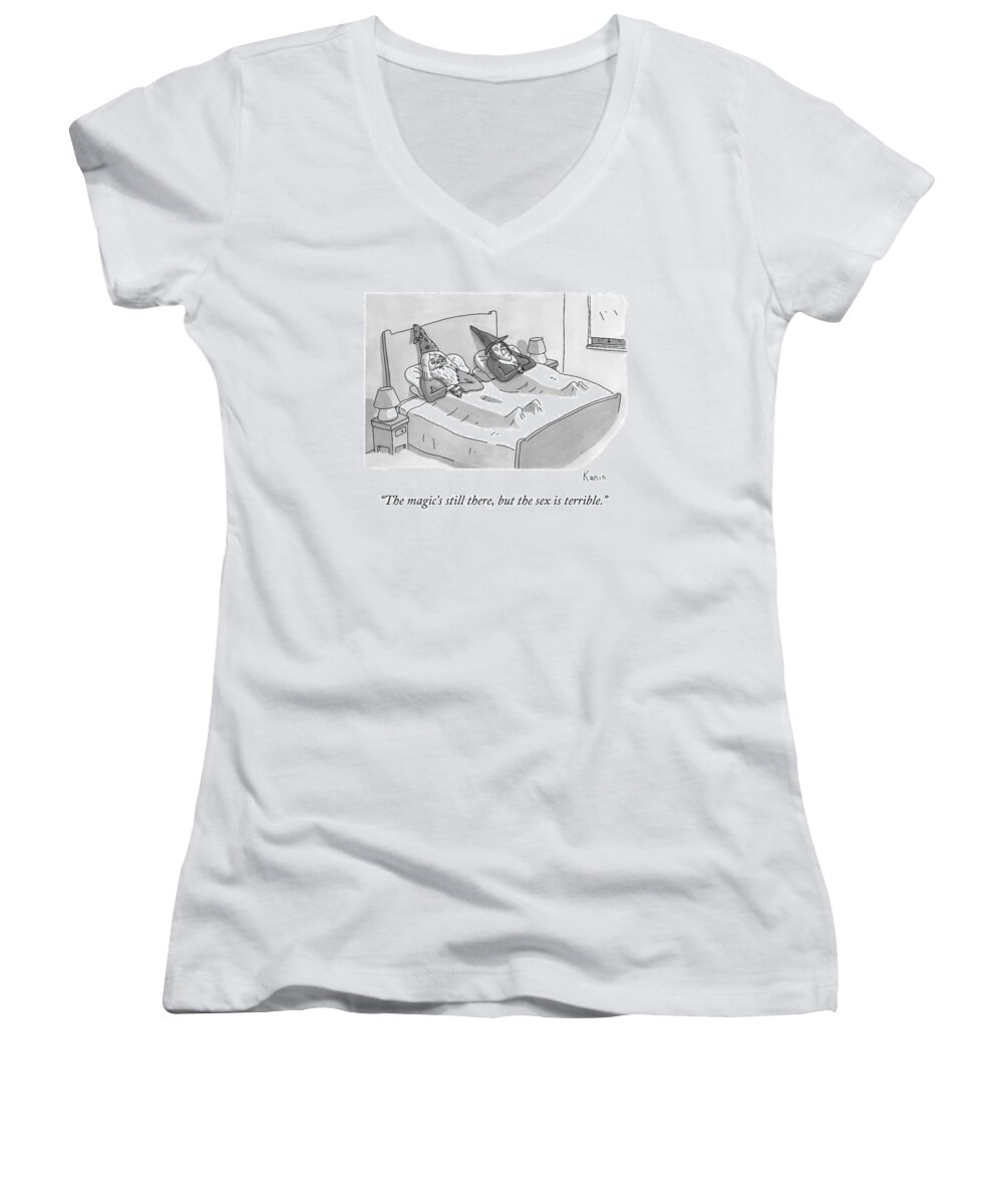 Wizard Women's V-Neck featuring the drawing A Wizard And A Witch Lay In Bed Together by Zachary Kanin