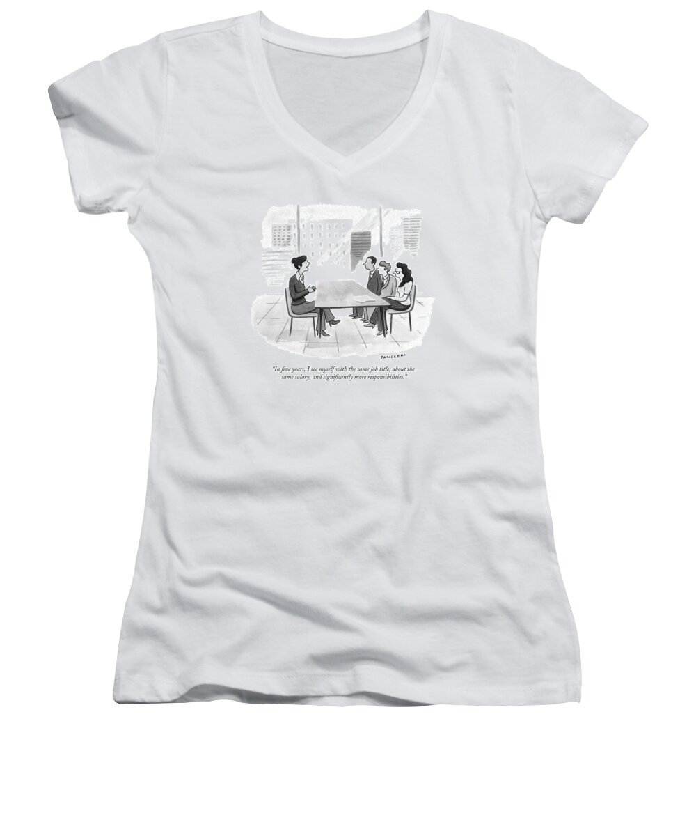 Interview Women's V-Neck featuring the drawing A Woman At A Job Interview by Drew Panckeri