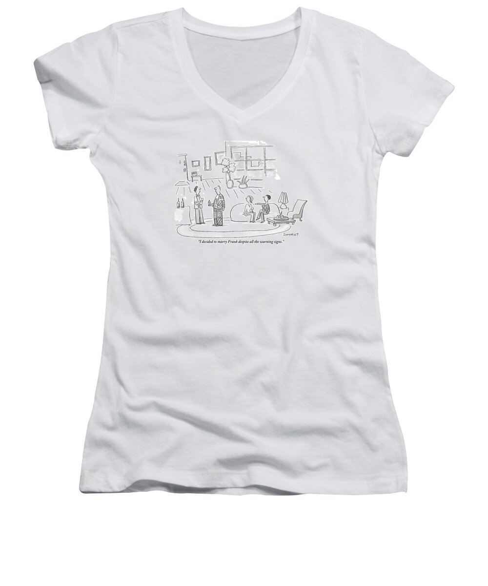 Boyfriends Women's V-Neck featuring the drawing A Woman Comments On Her Decision To Marry by Liza Donnelly