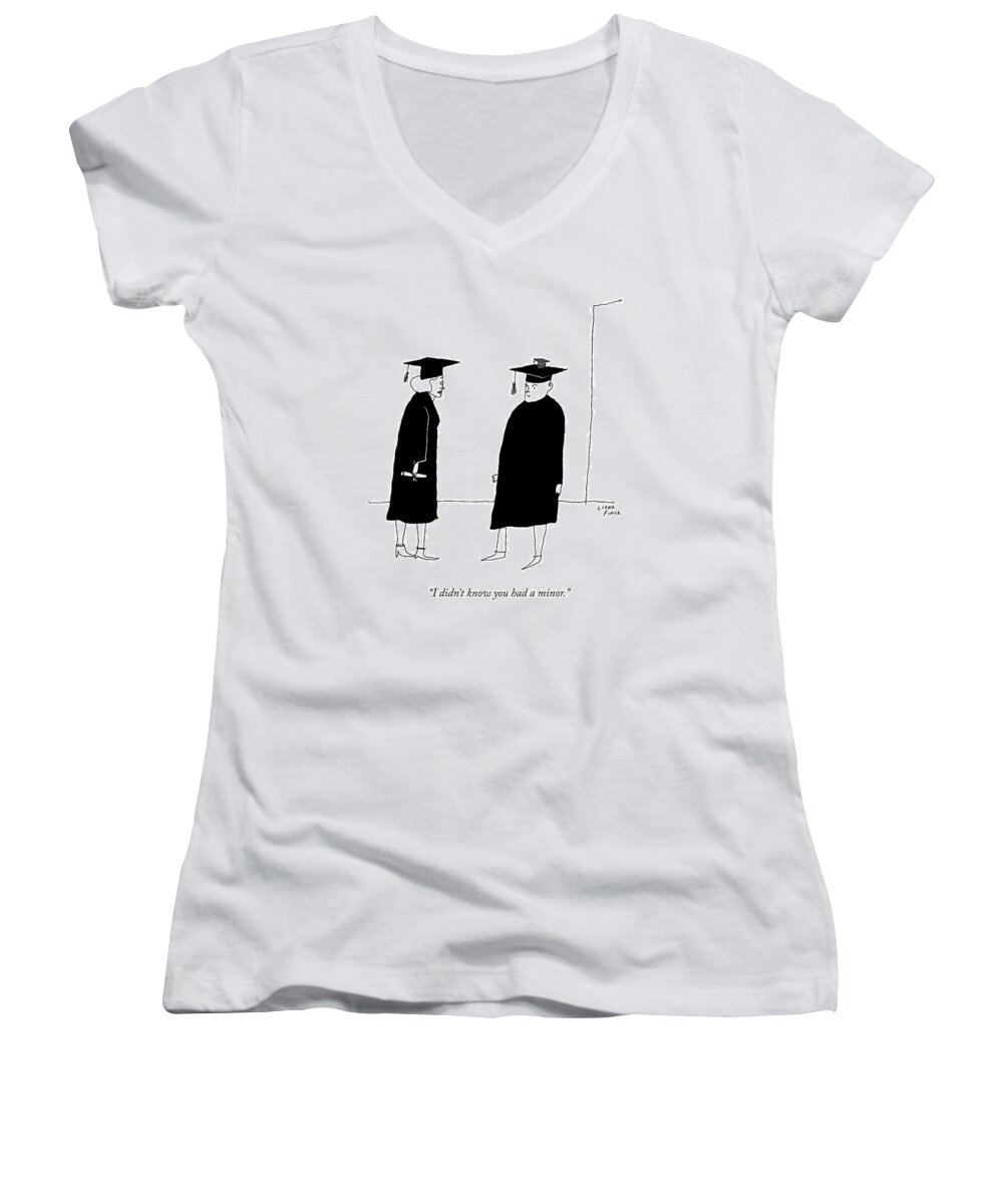 Graduation Women's V-Neck featuring the drawing A Woman In A Graduation Cap And Gown Speaks by Liana Finck