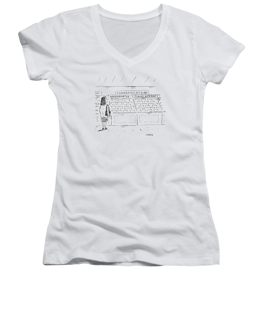 Congratulations Women's V-Neck featuring the drawing A Woman In A Greeting Card Aisle Looks At Two by David Sipress