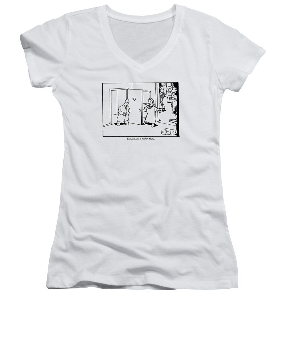 Parties Women's V-Neck featuring the drawing A Woman Opens The Door Of Her Apartment by Bruce Eric Kaplan